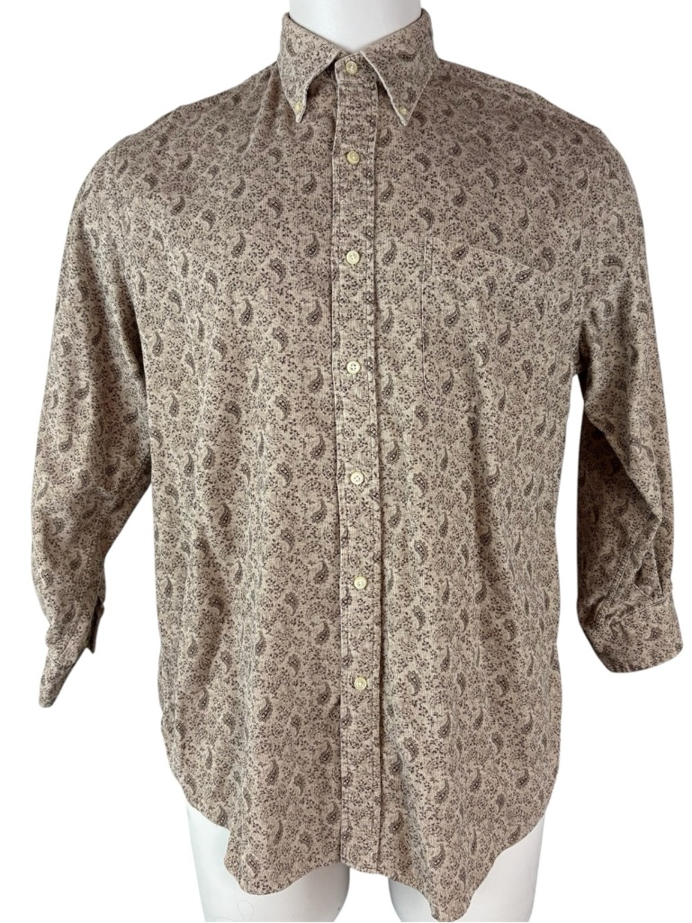 Lands End Vintage Paisley No Iron Mens Large Long Sleeve Tan Casual (211)